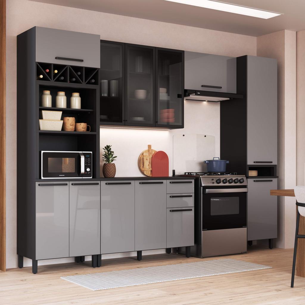 Armário de Cozinha Modulada Completa Fidelitá Mônaco 5 Peças 320cm 11 Portas 3 Gavetas Com Tampo Chumbo/Titânio