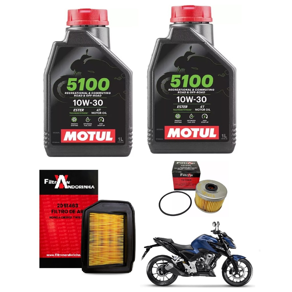 TROCA DE ÓLEO COMPLETA 2L MOTUL 5100 10W30 4T SEMI SINTÉTICO + FILTRO DE AR + FILTRO DE ÓLEO FILTRAN MOTO CB300F TWISTER