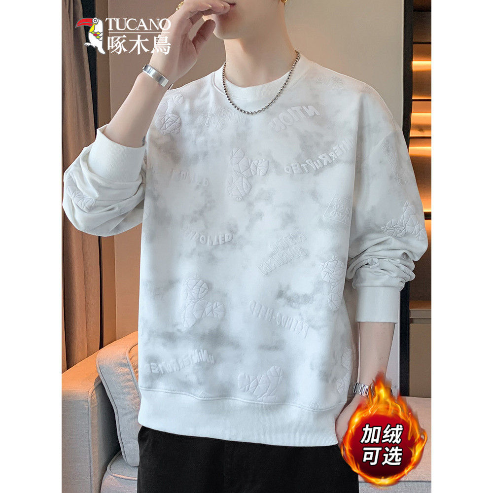 Woodpecker espuma impressa camiseta de manga comprida masculina Street Wear americano em torno do pescoço moletom outono