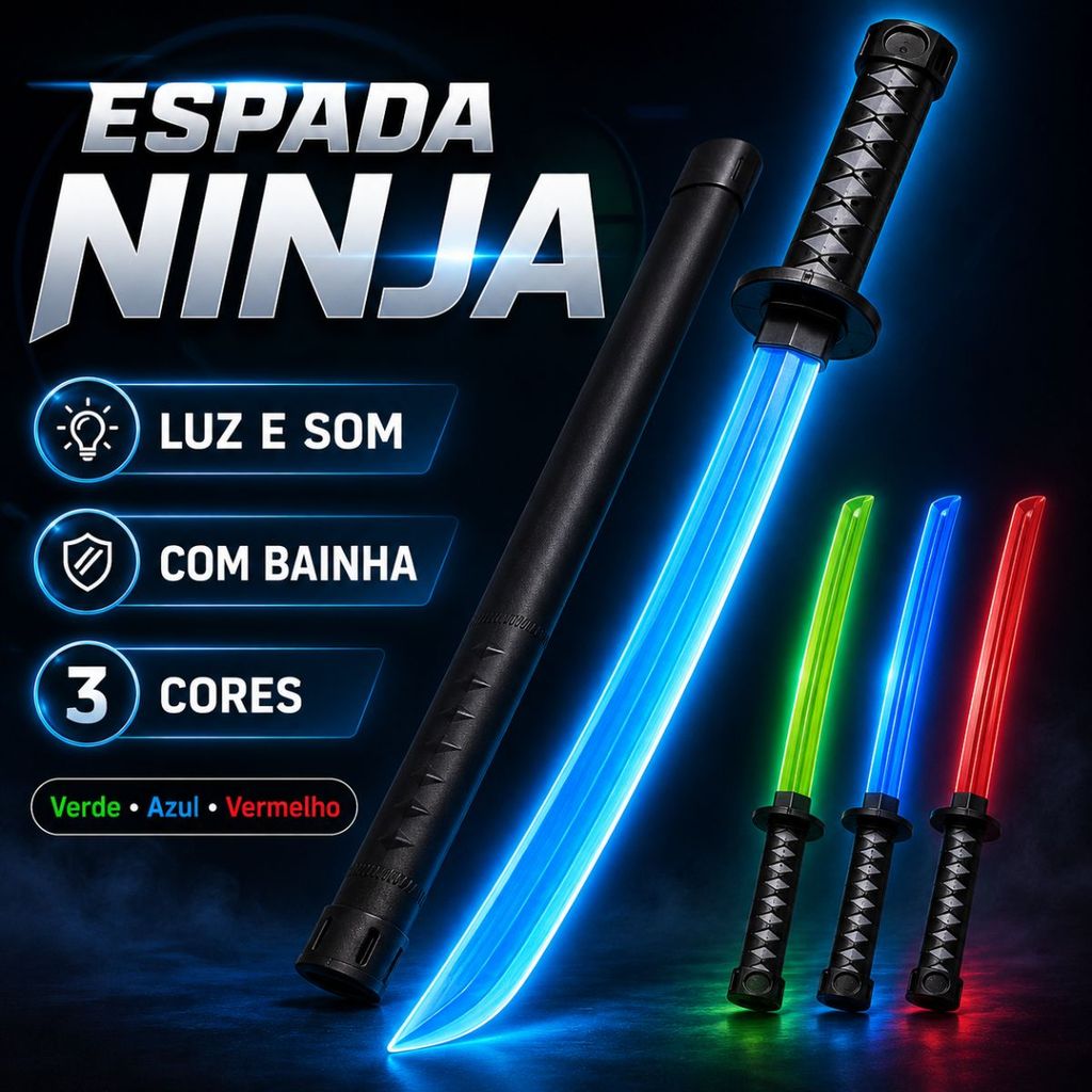 Espada Ninja Infantil com Luz e Som e Bainha 68cm Brinquedo Katana