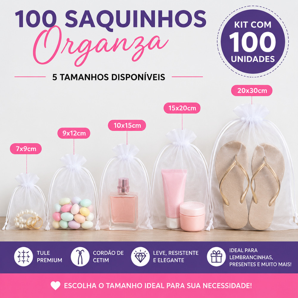 Kit 100 Saquinhos de Organza Branco Tule Saco Embalagem Lembrancinha Presente Doces Joias 7x9 9x12 10x15 15x20 20x30cm