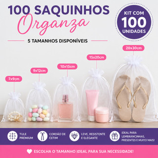 Kit 100 Saquinhos de Organza Branco Tule Saco Embalagem Lembrancinha Presente Doces Joias 7x9 9x12 10x15 15x20 20x30cm
