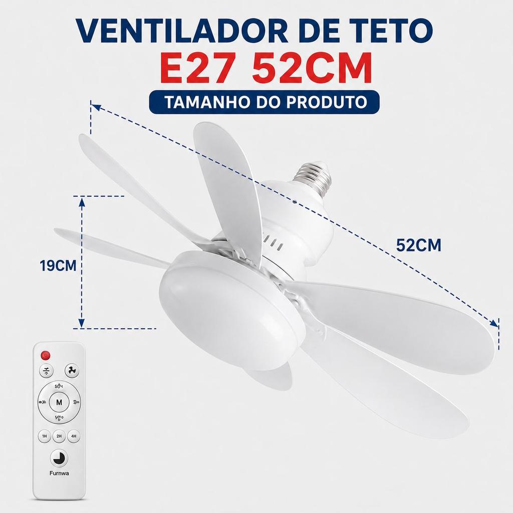 Ventilador de Teto 80W ou 120W com Luminária LED, 52 cm, Controle Remoto, 3 Velocidades, Soquete E27, Bivolt