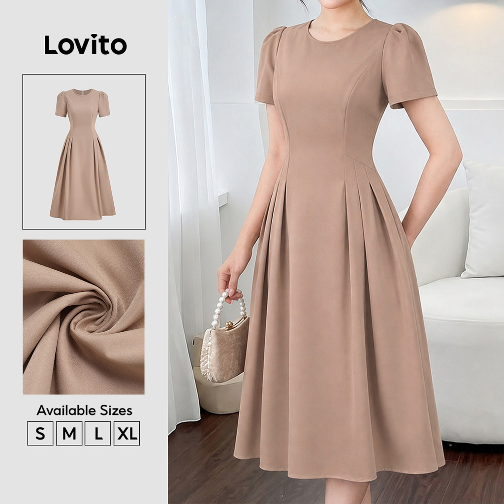 (New Arrival) Lovito Vestido Feminino Caqui Casual Plissado Longo E Evasê Para Primavera Verão Férias E Fim De Semana DRB38BR149
