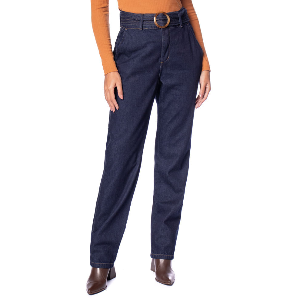 Calça Jeans Feminina Bless Denim Reta Cinto Azul Escuro