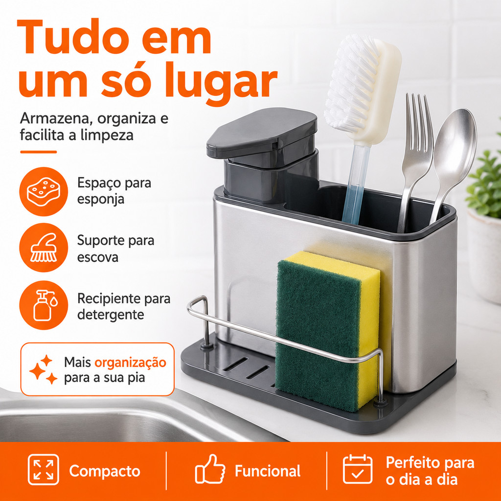 Organizador de Pia com Suporte para Esponja e Dispenser de Detergente em Aço Inox - Preto