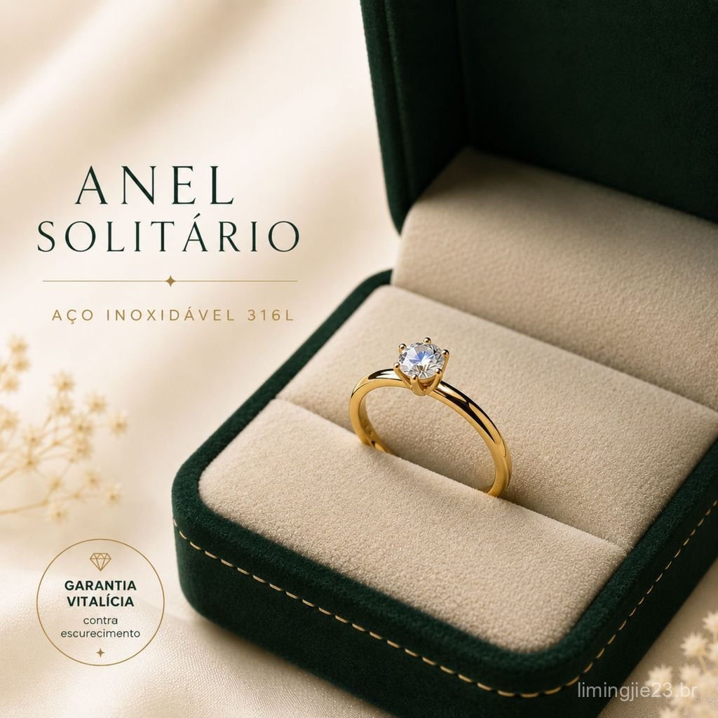 Anel Solitário Feminino Aço Inoxidavel Pedra Zircônia Não Escurece Antialérgico Prata e Dourado