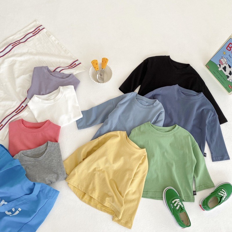 Crianças crianças puro algodão manga comprida camiseta primavera outono camisa de fundo solta cor sólida masculino femin