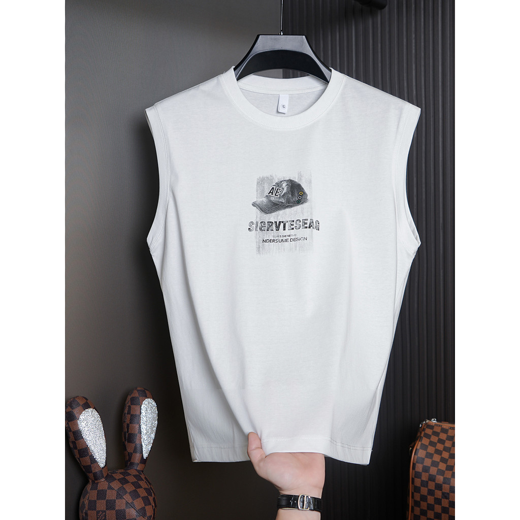 Homens jovens sem mangas camiseta impressa na moda verão colete topo ao ar livre Casual camiseta colete americano
