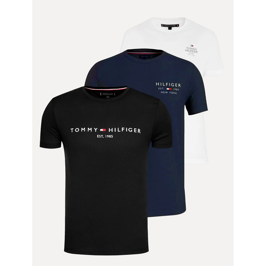 Kit Camisetas Tommy Hilfiger | Masculina Core/Stack/Small Logo Preta/Branca/Azul Marinho