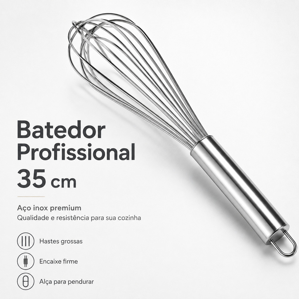 Batedor Fouet Fue Inox Profissional 35cm | Hastes Grossas | Ovos  Claras  Massas  Pesada