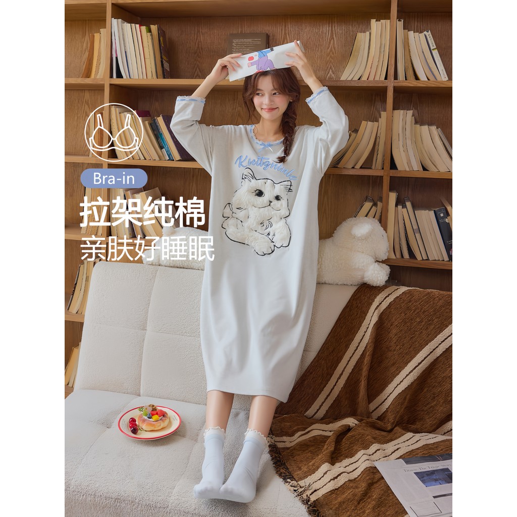 Camisola de ervas estilo ocidental com almofada no peito feminina primavera outono algodão puro pijama de manga comprida