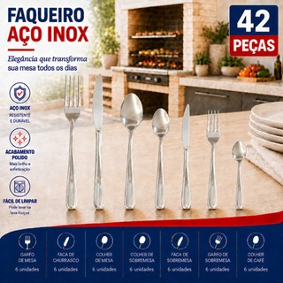 Kit Talheres Inox Refeição Completa 42 84 ou 126 Talheres Mesa Sobremesa e Café