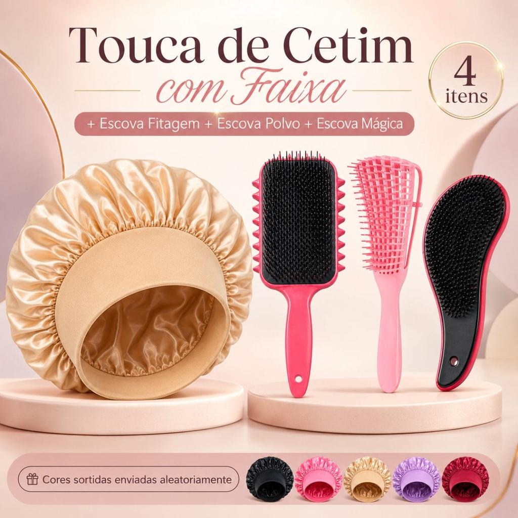 Kit Touca de Cetim com Faixa + Escova Polvo + Escova Mágica + Escova Fitagem Cores Sortidas