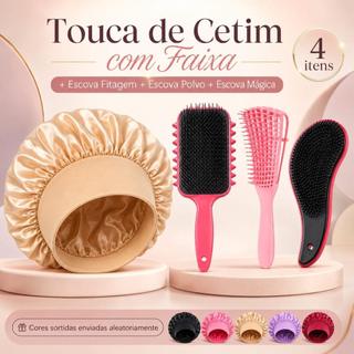 Kit Touca de Cetim com Faixa + Escova Polvo + Escova Mágica + Escova Fitagem Cores Sortidas