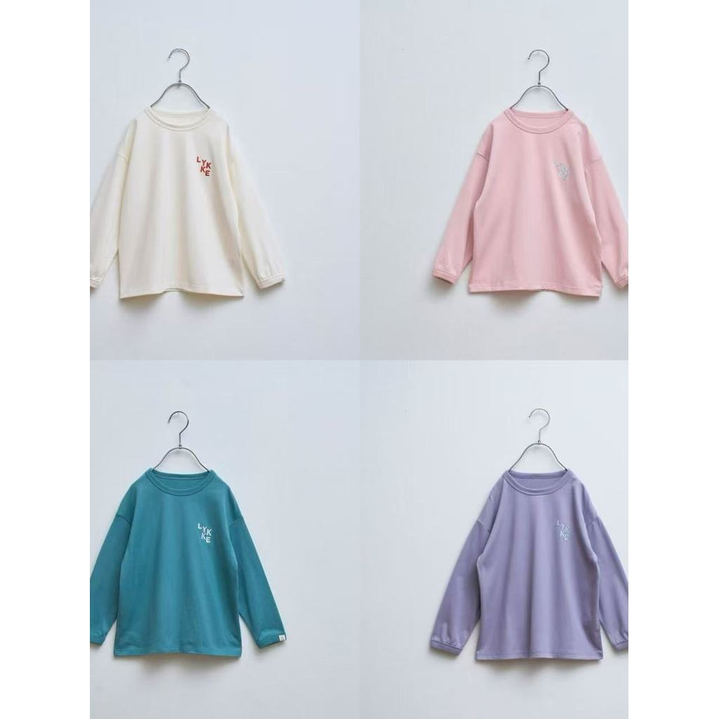 Japonês simples LYKKE estilo preguiçoso crianças bordado de manga comprida camiseta bebê solto em torno do pescoço camis