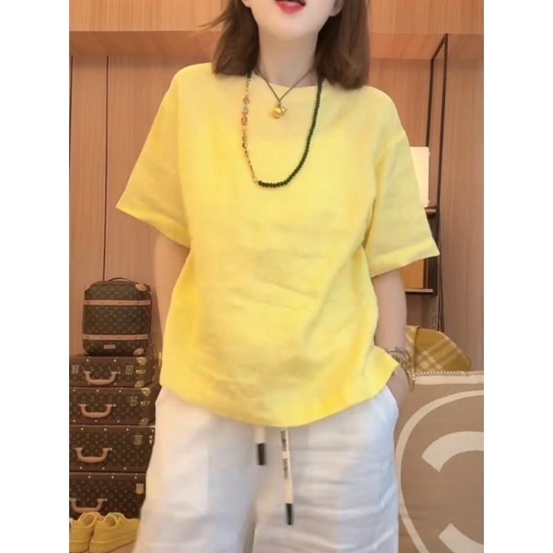 High-End amarelo puro algodão de manga curta camiseta feminina 2026 novo estilo verão estilo fino tamanho grande gordura