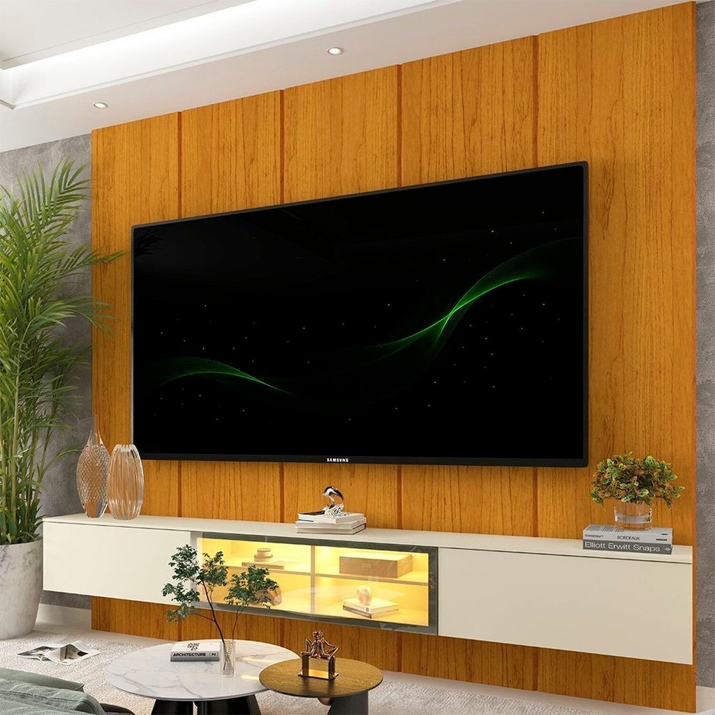 Estante para TV e Home Theater até 84 Polegadas com 100% MDF 222,5cmx250cm Led Realce Luminare Marrom Naturale/Off