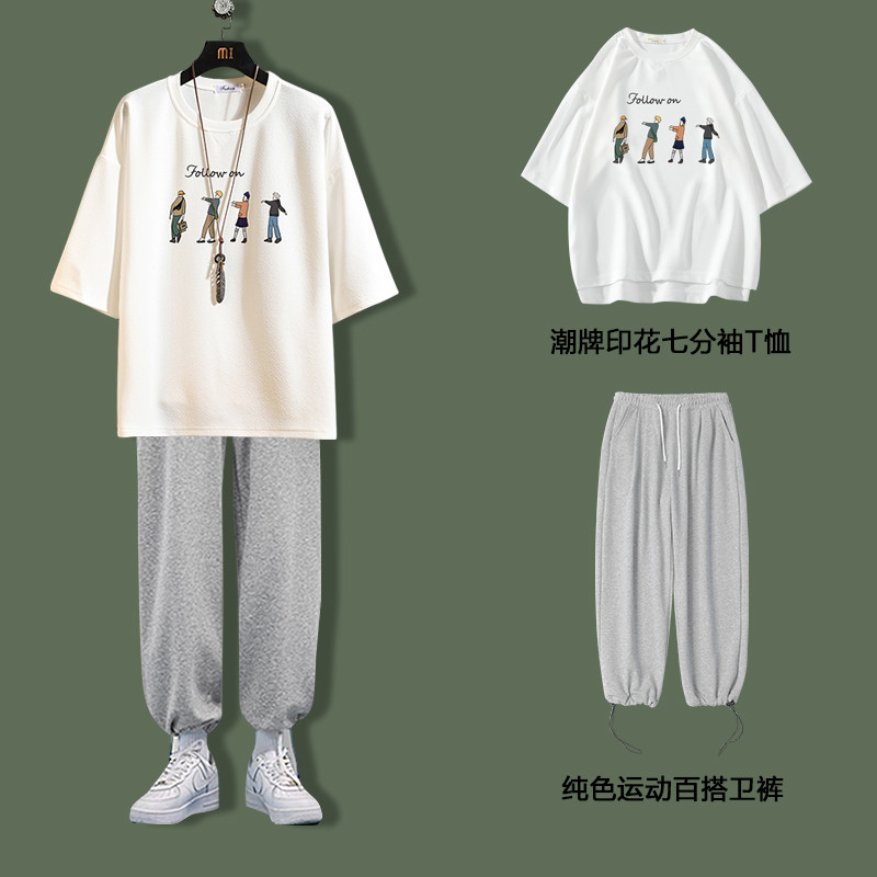 Camiseta masculina de manga de três quartos, verão, estilo japonês, roupa de rua, roupa masculina adolescente, conjunto 