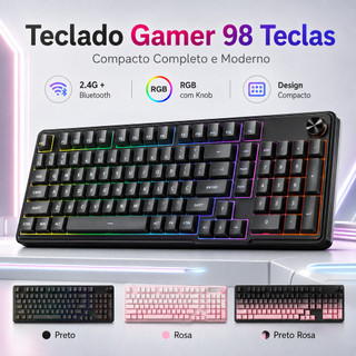 Teclado Gamer 98 Teclas RGB com Knob Wireless 2.4G Bluetooth USB-C PBT para Windows e macOS