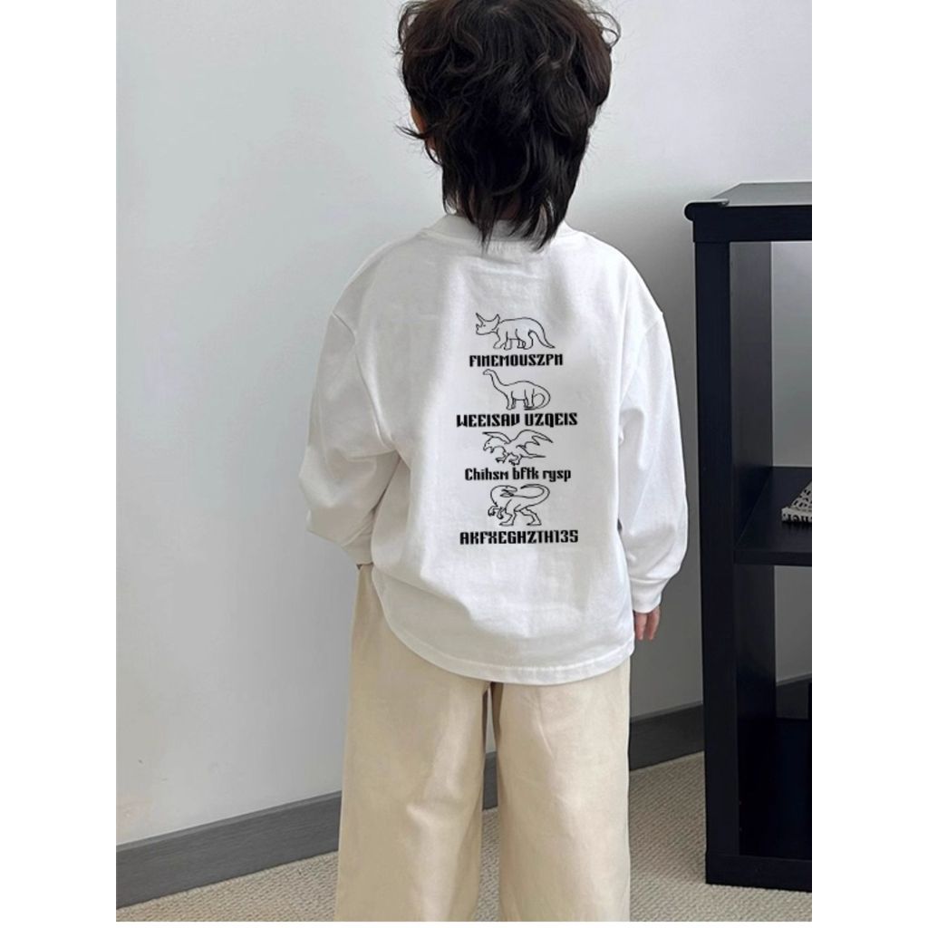 Estilo americano dos desenhos animados meninos de manga comprida camiseta outono solto dinossauro impressão puro algodão