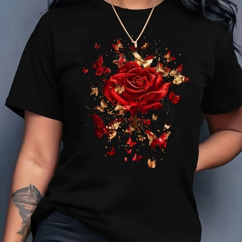 Camiseta Preta Oversized Blusa Feminina 100% Algodão Rosa Vermelha Borboletas Vermelhas e Dourado Estampada Estilosa
