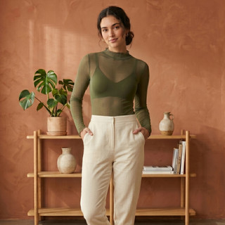 Body Blusa Verde Oliva Feminina Manga Longa Transparente Segunda Pele Elegante  Envio Imediato