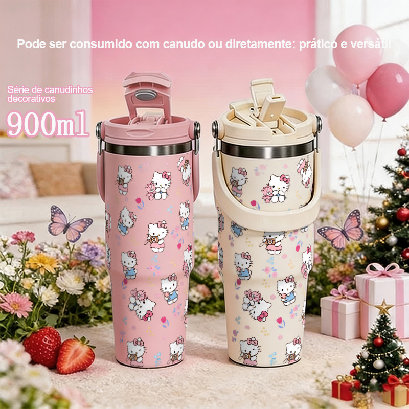 Garrafa copo Térmica 900ml Inox Hello Kitty Isola Quente Frio Dupla Bebida Tampa Antivazamento Para Viagem e trabalho