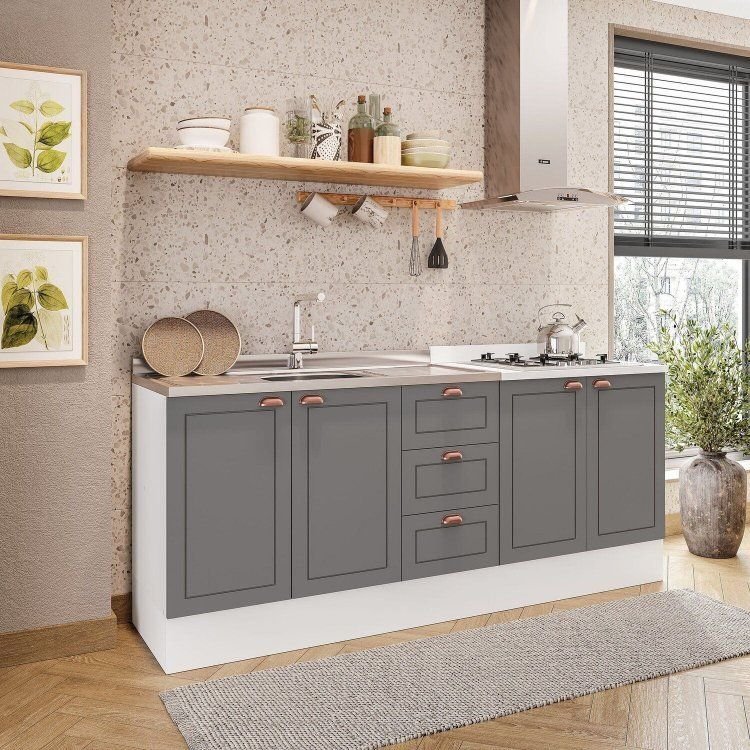 Cozinha Pérola com Rodapé 2 Peças Balcão 3 Gavetas 2 Portas e Balcão 2 Portas Yescasa Cinza/Branco Cinza/Branco