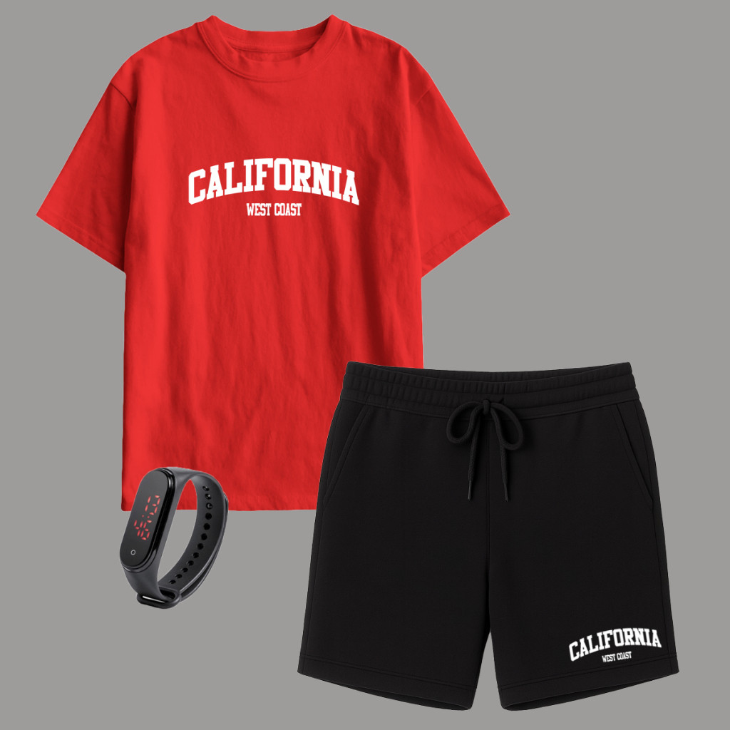 Kit Camiseta Infantil e Short Moletinho California + Relógio Brinde Lançamento Verao