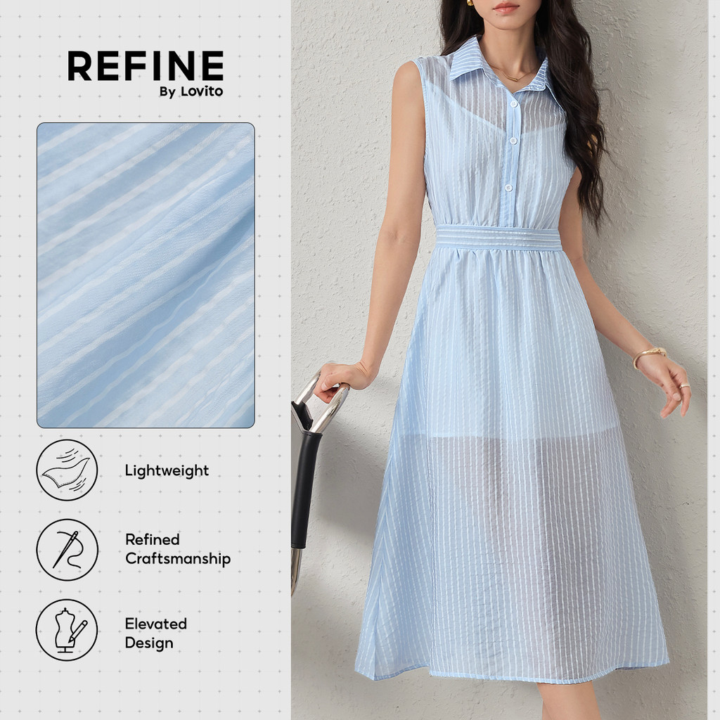 (Refine by Lovito)Vestido Social Respirável Dupla Camada Linhas Azul Claro Trabalho DRR42P1D041