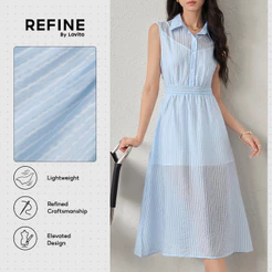 (Refine by Lovito)Vestido Social Respirável Dupla Camada Linhas Azul Claro Trabalho DRR42P1D041