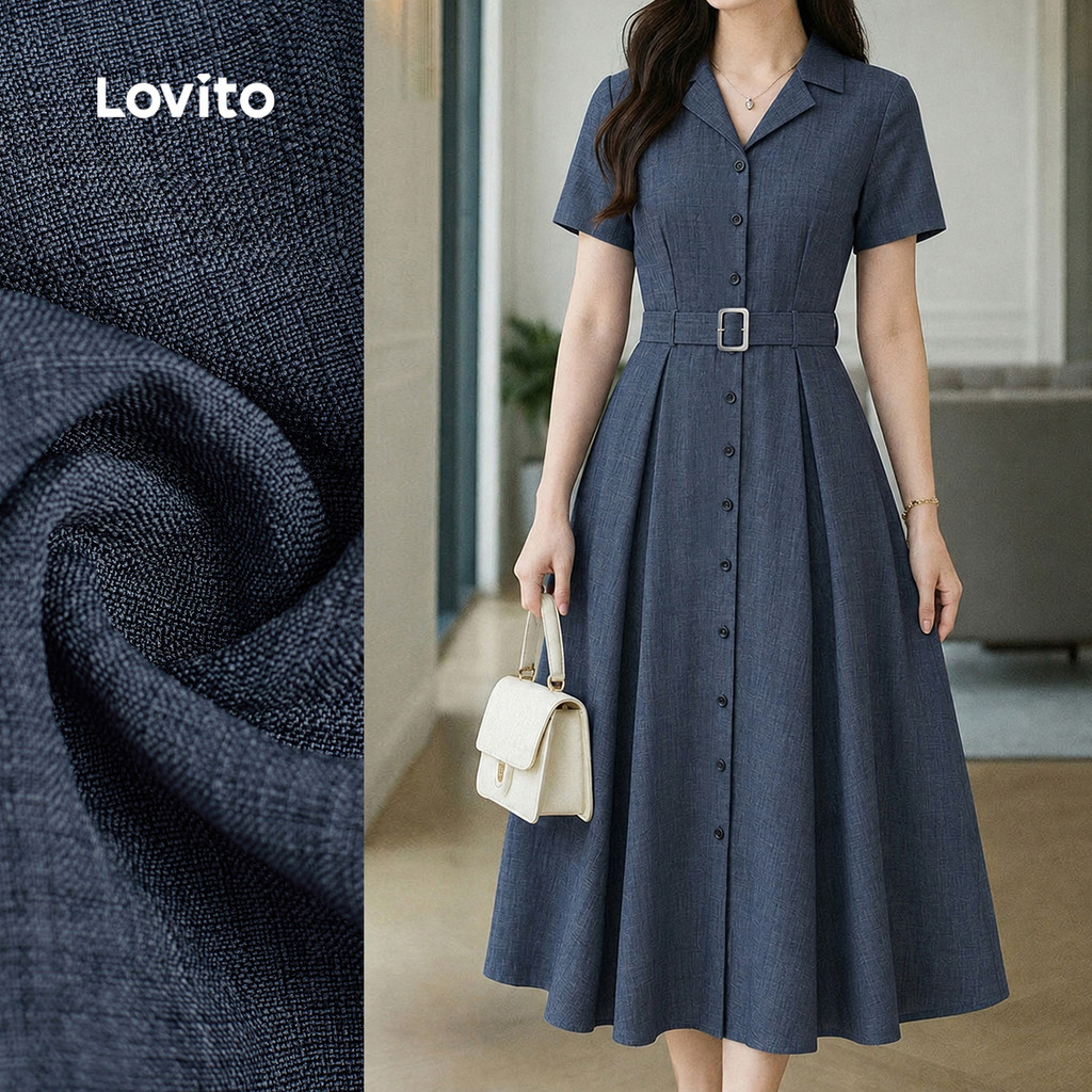 Lovito Vestido Casual Feminino Cinza Escuro com Cinto e Botões Plissado primavera/verão DRBR37BR197