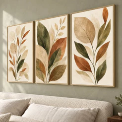 Kit 3 Quadros Decorativos Botânico Verde Bege Terracota Boho