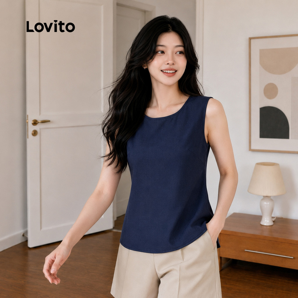 (New Arrival) Lovito Elegante Top Sem Mangas Gola Redonda Azul Escuro Botão Fenda Traseira Primavera Verão Trabalho Para Mulheres TKB204P1D393 — imagem 2 de 2