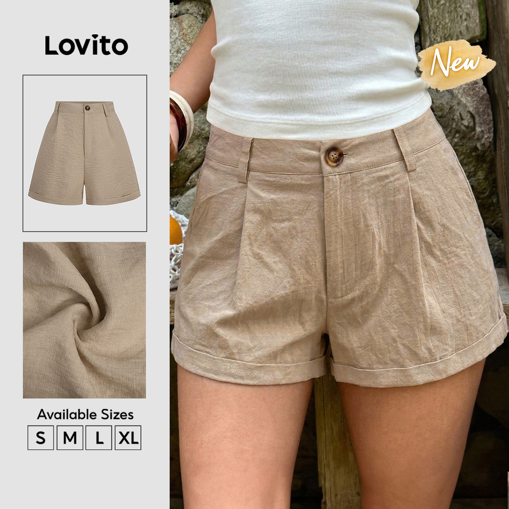 (New Arrival) Lovito Casual Short Cáqui Cintura Alta Reta Zíper Botão Férias Fim De Semana Para Mulheres STB39BR265