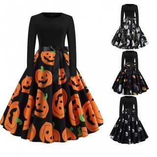 Feminino Hepburn Retro Halloween Abóbora Estampa Costura Manga Comprida Vestido Grande Balanço Fita Grátis