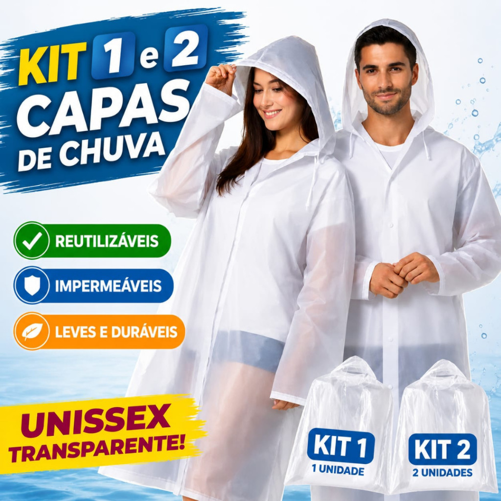 Capa de Chuva EVA Reforçada Transparente Impermeável Reutilizável com Capuz Adulto Unissex Kit 1 ou 2