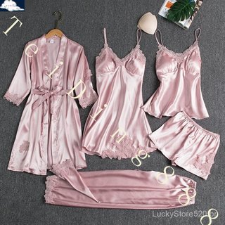 Conjunto de pijama feminino em seda, modelo ZSJ6, composto por um robe de seda com detalhes em renda, totalizando cinco 