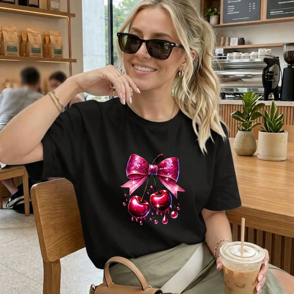 Camiseta Feminina Estampa Cereja Laço Camisa  Manga Curta Gola Redonda Tendencia Casual Diário 100% Algodão Confortavel