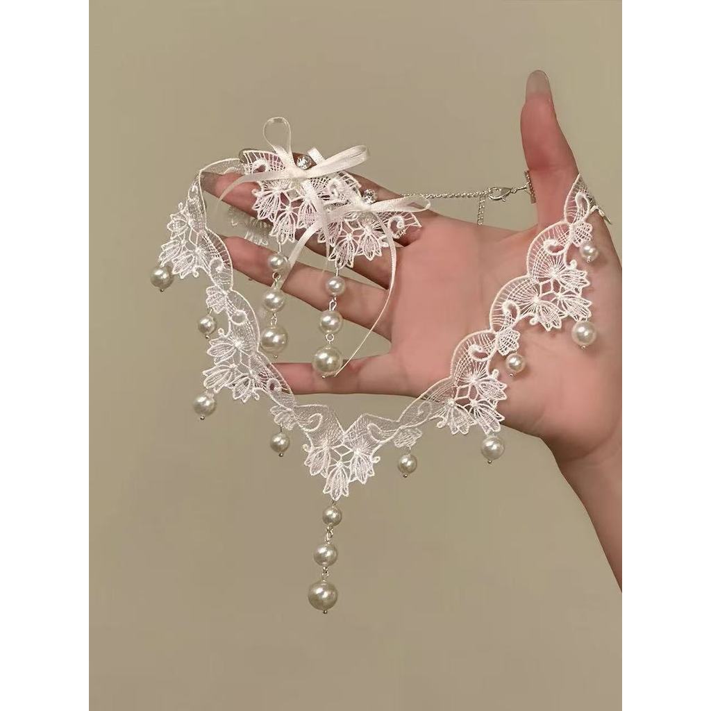 Lolita colar colar flor casamento novo estilo francês romântico renda pérola colar vestido de noiva clavícula corrente r