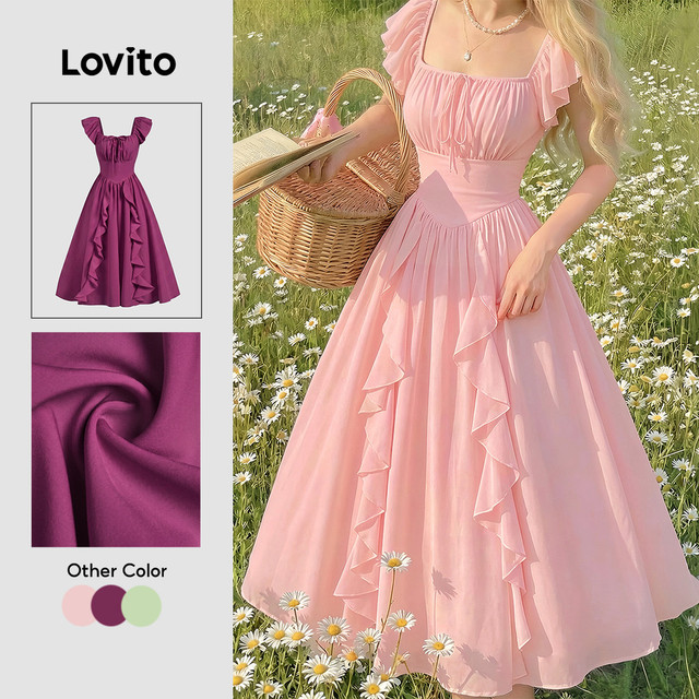 Lovito Vestido Elegante Plissado com Zíper para Mulheres Primavera/verão rosa DRK8P1D923