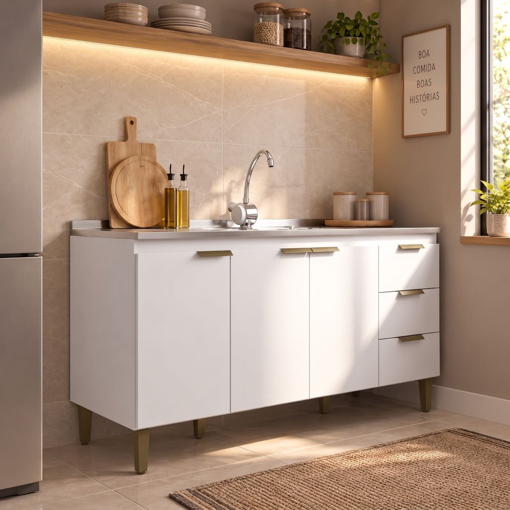 Balcão de Cozinha sem Tampo com 3 Portas 3 Gavetas Branco