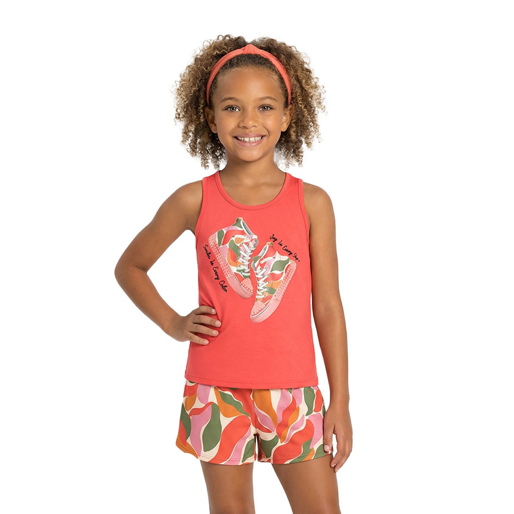 Conjunto Meninas Regata Coral Tênis Com Brilho e Short Estampado Kyly