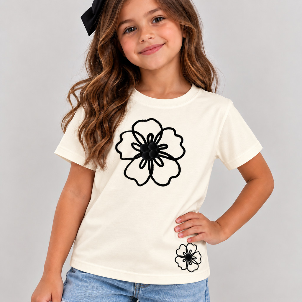Camiseta Feminina Infantil Algodão 100% Confortável Camisa Estilosa Flor Contorno Academia