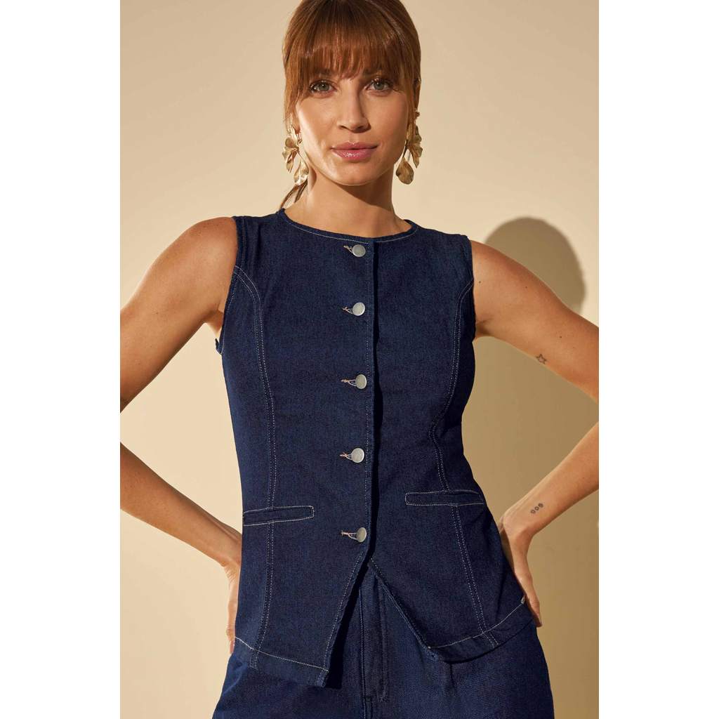Colete Feminino Jeans Alongado Marialícia Azul