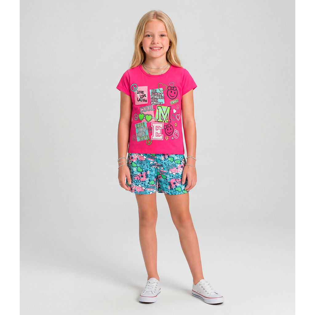Pijama Verão Menina Curto Algodão Kappes Rosa