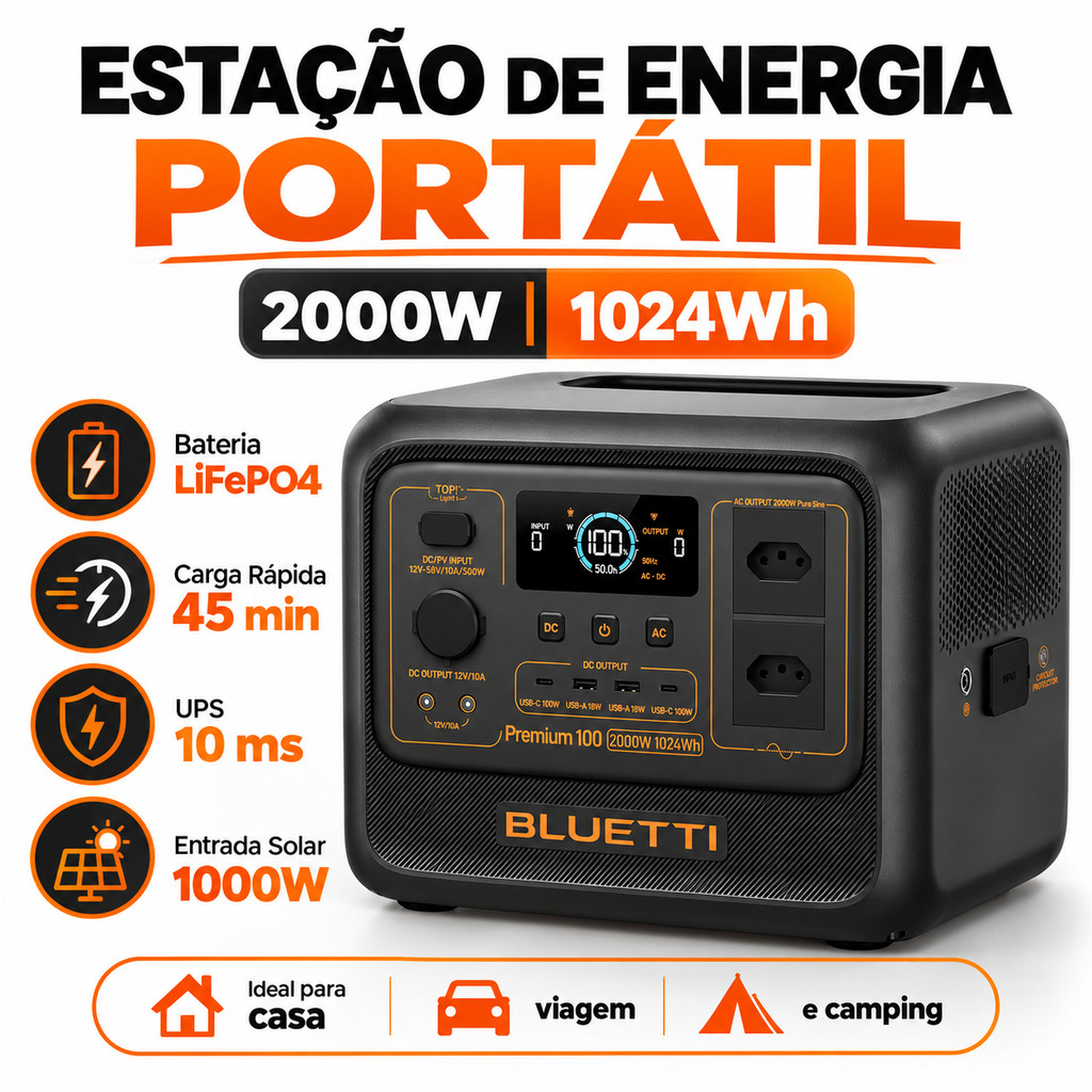 BLUETTI Elite 100 V2 Estação de Energia Portátil 2000W 1024Wh LiFePO4 Gerador Solar UPS 110V Casa Camping Emergência