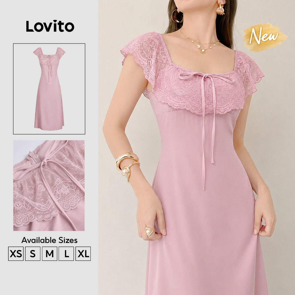 (New Arrival) Lovito Vestido Feminina Elegante Estilo Anos 90 Y2k Retrô Com Renda E Amarração Nas Costas Rosa Para Primavera/verão DRK9P1D509