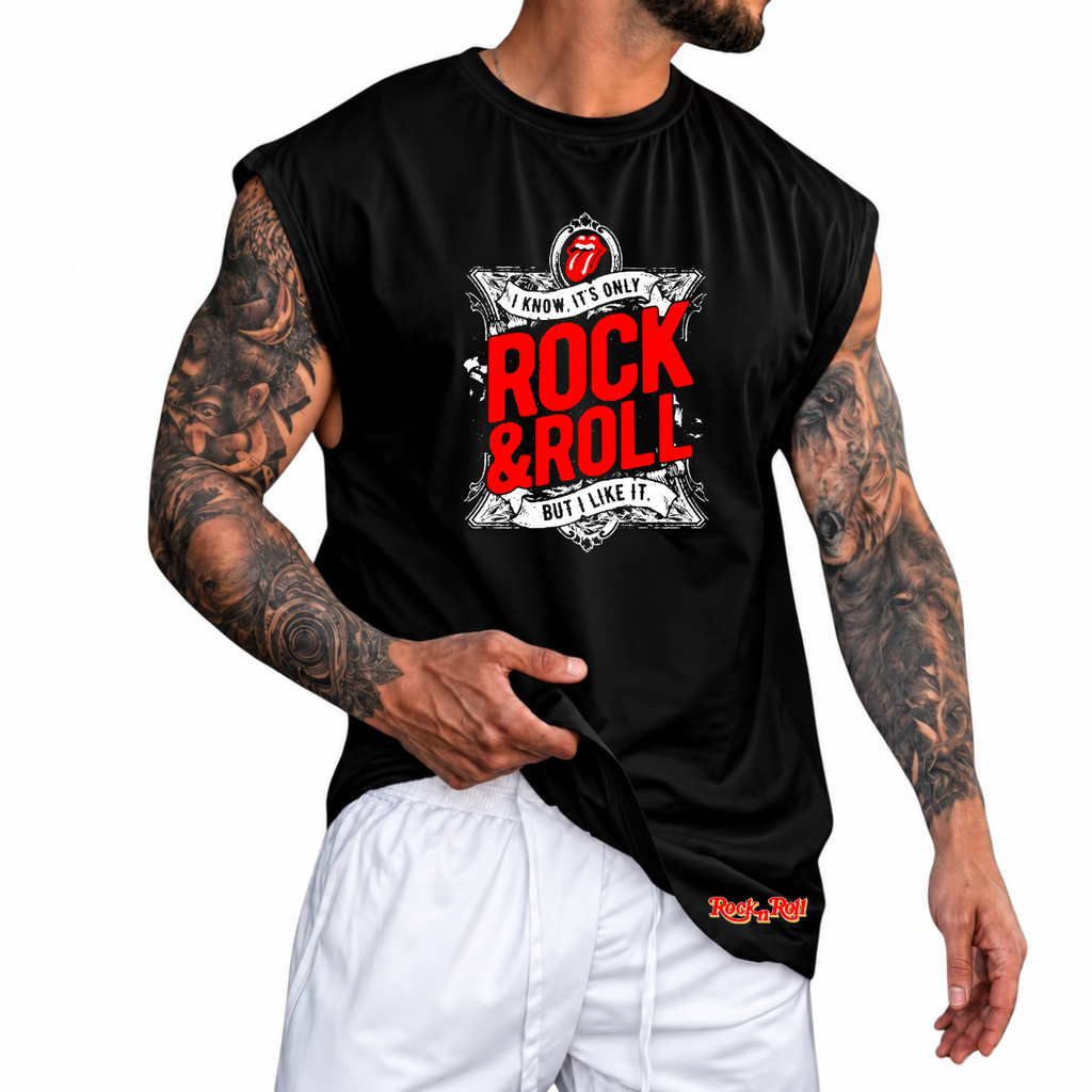 Regata Machão Rock in Roll Oversized 100% Algodão Camiseta Cavada Musculação Streetwear Academia